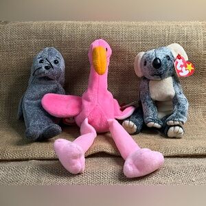 Beanie Baby Bundle Pinky, Eucalyptus, & Slippery The Seal New